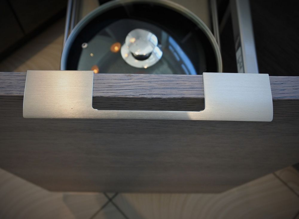 Brushed Steel trim handle on Blue Steel kitchen Door